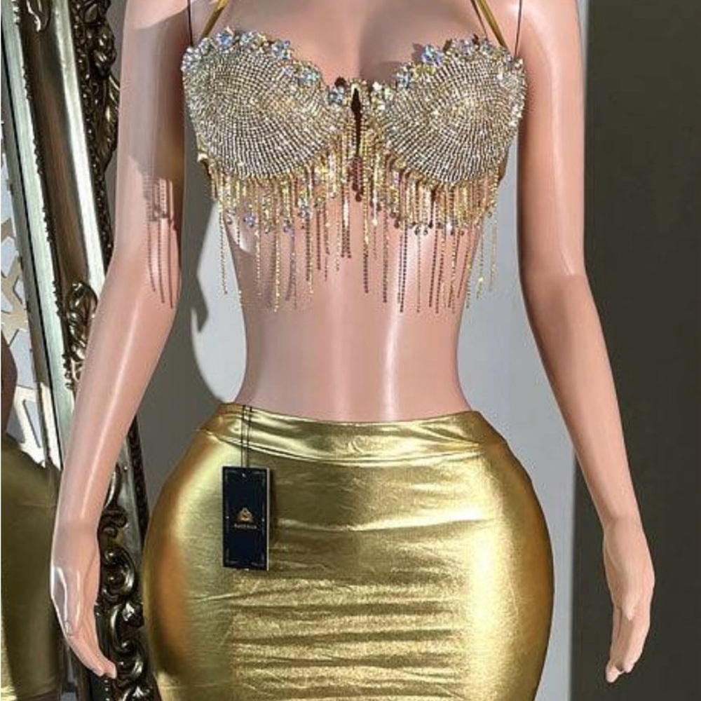 Glamorous Gold Beaded Bra Top and Skirt Set